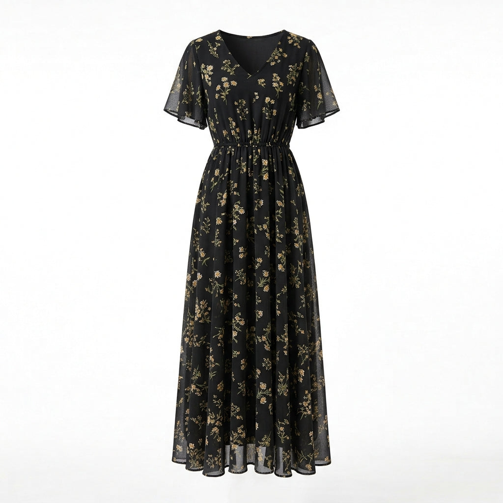 Floral Print Chiffon A-Line Maxi Dress