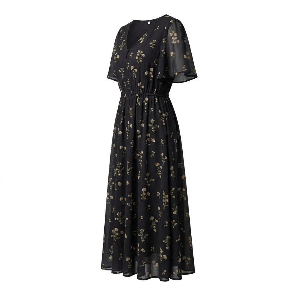 Floral Print Chiffon A-Line Maxi Dress
