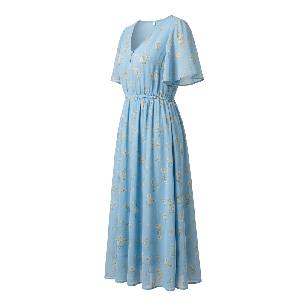 Floral Print Chiffon A-Line Maxi Dress